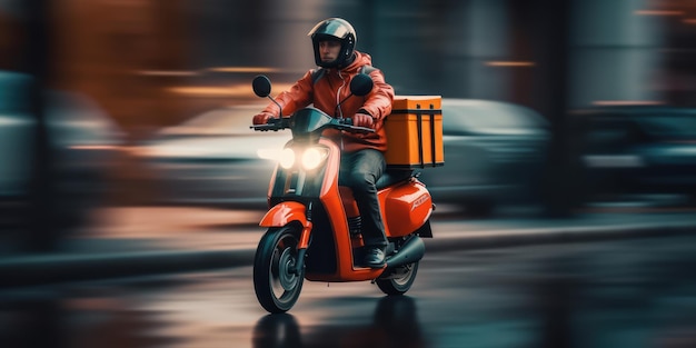 Lieferbote fährt Roller-Motorrad mit Bewegungsunschärfe-Stadtbild-Hintergrund Generative KI