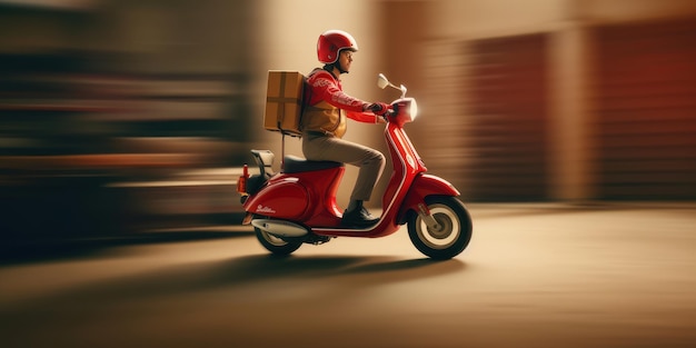 Lieferbote fährt Roller-Motorrad mit Bewegungsunschärfe-Stadtbild-Hintergrund Generative KI