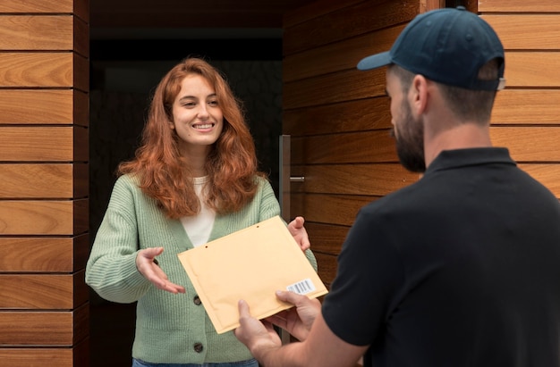 Foto lieferbote liefert ein paket