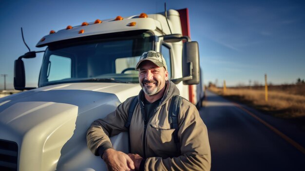 Liefercontainer und glücklicher LKW-Fahrer bewegen Industriefracht und Fracht bei einer Versandversorgung