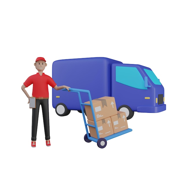 Foto lieferleiter mit lieferwagen und verpackter 3d-illustration