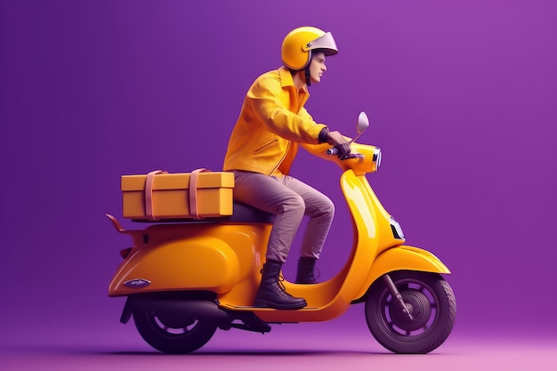 Liefermann fährt Rollermotorrad für Online-Lieferservice auf violettem Hintergrund Generative KI