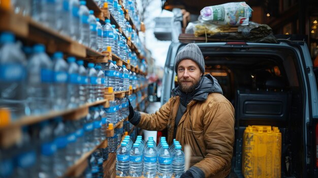 Foto liefermann mit frachtwagen, der wasserflaschen verteilt