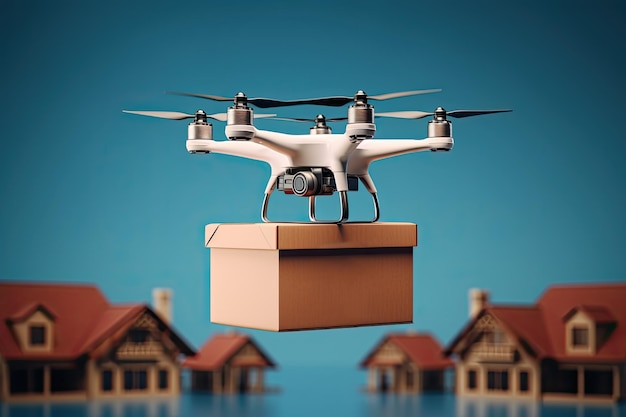 Lieferung per Drohnen-Multikopter, der ein Paket an einen Kunden liefert. Häuser im Hintergrund. Schneller Luftversand, kontaktlose und sichere Lieferung