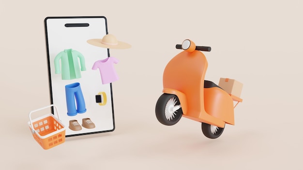 Lieferung per Roller. Smartphone umgeben von Online-Shopping. 3D-Rendering.