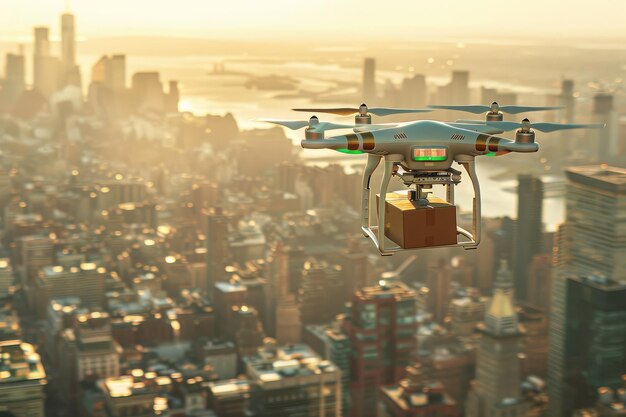 Lieferung von Paketen per Drohne Eine fliegende Drohne liefert eine Kartonbox mit einem Paket durch die Luft
