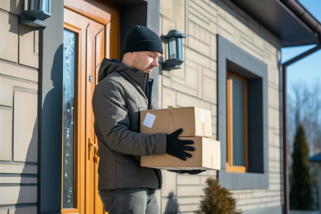 Foto lieferung von paketen per kurier die pakete sind an der tür des hauses