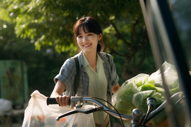 Lieferung von Wasser und Nahrung mit dem Fahrrad Asian Smiling