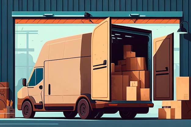 Lieferwagen mit Box Cargo, Lieferung und Online-Shopping-Konzept.