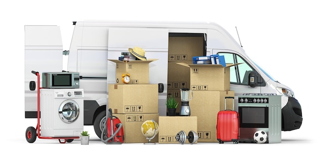 Lieferwagen voller Haushaltspersonal und Geräte Umzug in ein neues Haus- und Familienumzugskonzept