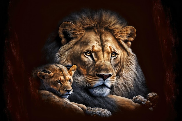 Liegender Löwe mit Löwenjungen auf schwarzem Hintergrund