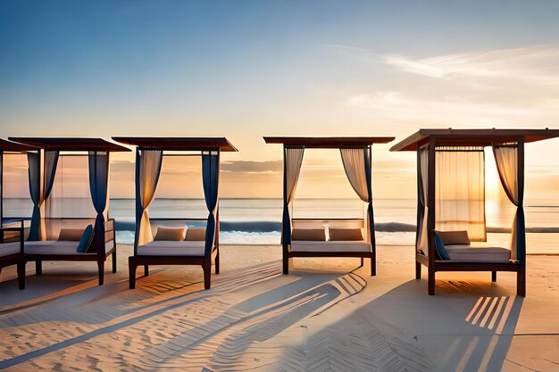 Foto liegestühle am strand mit dem sonnenuntergang im hintergrund