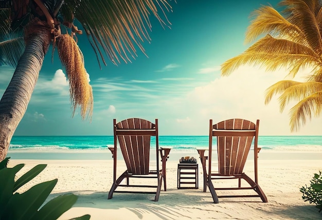 Liegestühle auf dem Sand eines tropischen Strandes 3D-Rendering generative ai