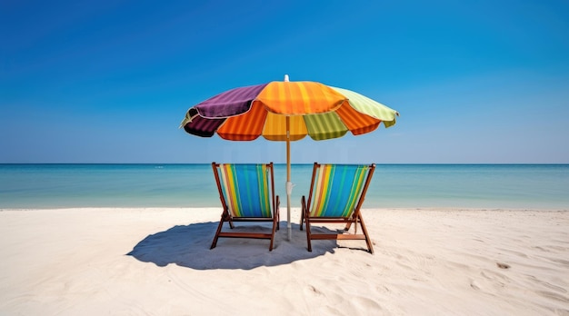 Liegestühle und sonnenschirm am strand im sommer