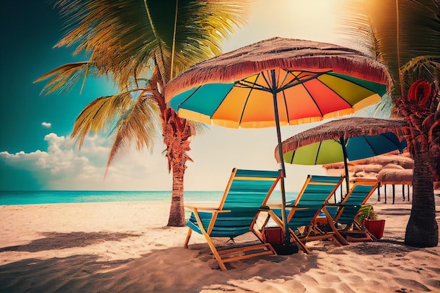 Foto liegestühle und sonnenschirm mit palmen an einem tropischen strandgenerativen ai