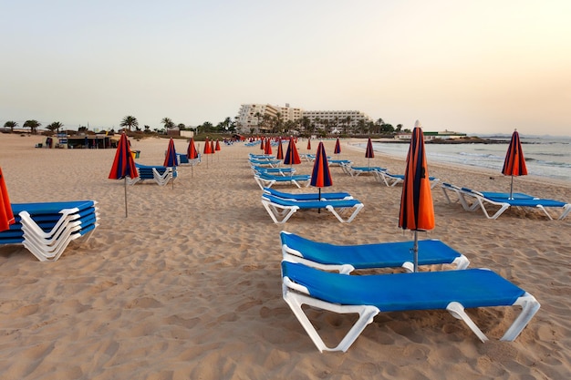 Liegestühle und Sonnenschirme bei Sonnenaufgang an den tollen Stränden von Corralejo, Fuerteventura