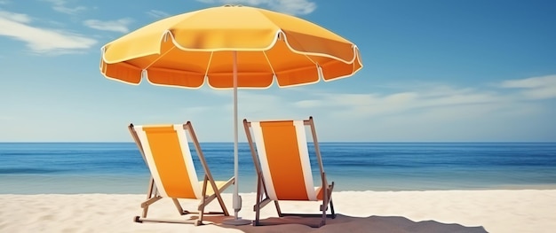 Liegestuhl und Sonnenschirm am Strand im Sommerurlaubskonzept, KI generiert