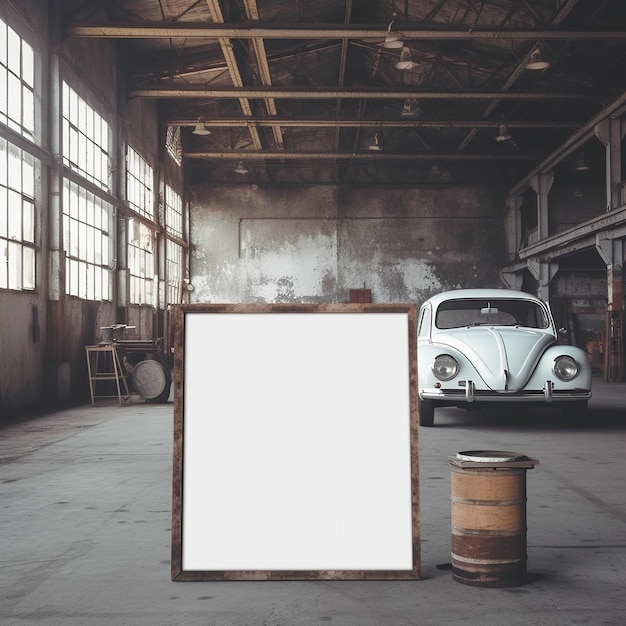 Foto un lienzo blanco está en un almacén con un automóvil al fondo.