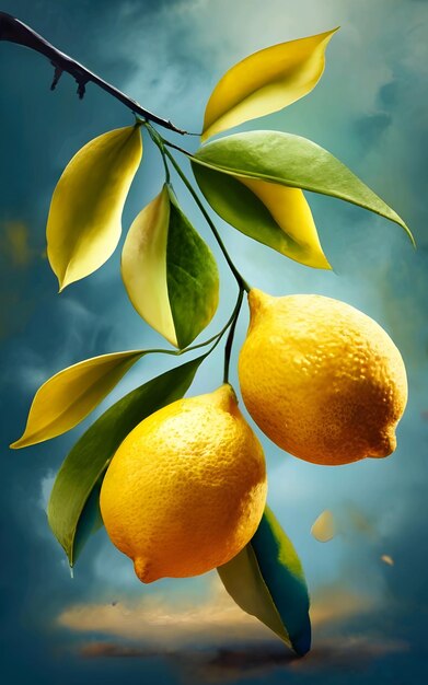 lienzo blanco Un brunch de limones amarillos realistas con hojas acuarela 3d render
