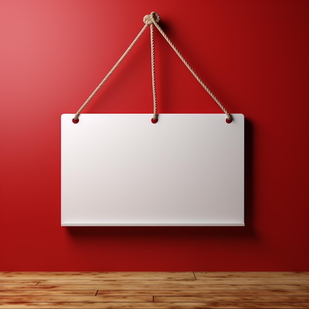 Foto un lienzo en blanco colgado en una pared roja con un suelo de madera y un piso de madera.
