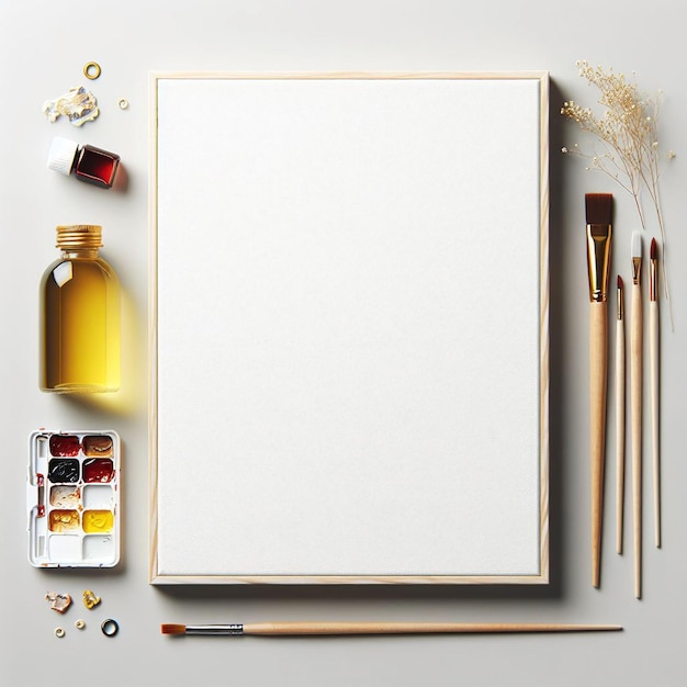 Foto un lienzo blanco para dibujar junto a él colores acrílicos y algunos pinceles de pintura un lienzo de dibujo blanco