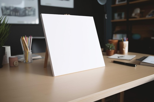 Foto un lienzo en blanco se encuentra en un escritorio junto a una computadora portátil.