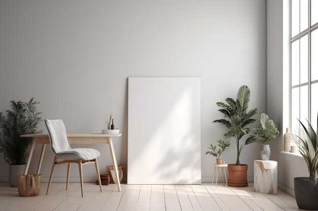 Un lienzo blanco se encuentra en una habitación con una planta en la pared.
