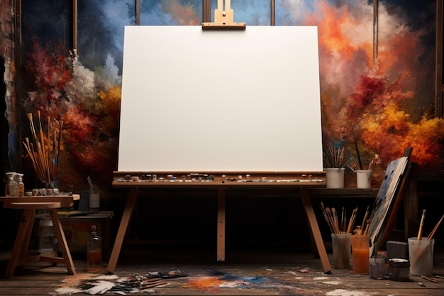 Foto el lienzo en blanco hace señas en un espacio de artistas rodeado de suministros de pintura