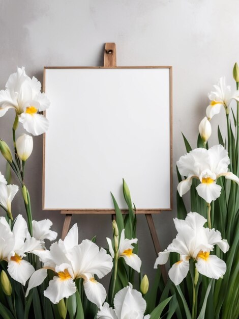 Un lienzo en blanco con una paleta blanca rodeada de iris blancos en flor