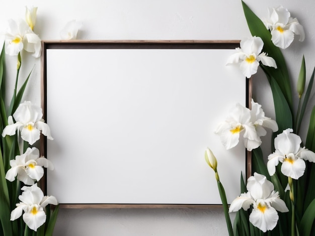 Un lienzo en blanco con una paleta blanca rodeada de iris blancos en flor
