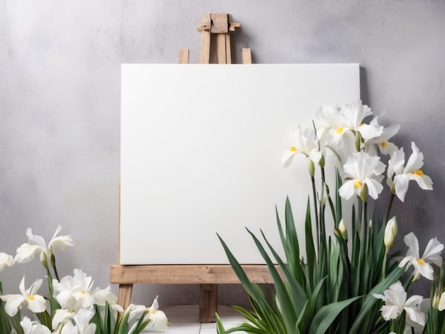 Un lienzo en blanco con una paleta blanca rodeada de iris blancos en flor