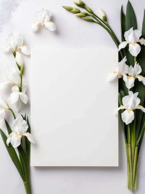 Un lienzo en blanco con una paleta blanca rodeada de iris blancos en flor