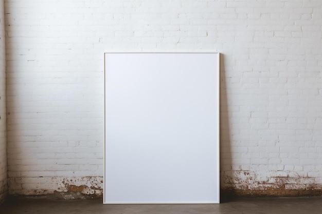lienzo en blanco en una pared de ladrillo blanco con un marco blanco.