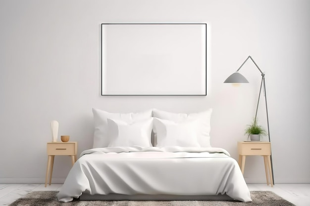 Lienzo cuadrado en blanco en un dormitorio moderno con sábanas blancas