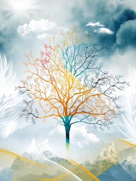 lienzo para marcos gráfico digital como la impresión de dibujar un árbol colorido paisaje digital
