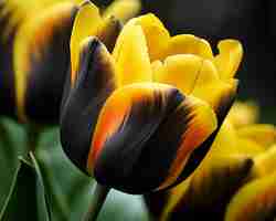 Foto lienzo negro tulipán amarillo y negro en plena floración sobre fondo negro flor creativa primavera ellos