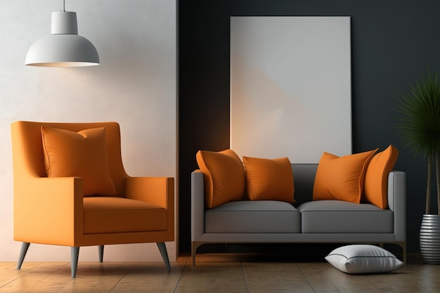 Lienzo sentado con un sofá naranja y gris en el fondo Usando un solo sillón un piso de madera y detalles mínimos diseño de hogar moderno idea innovadora Mockup