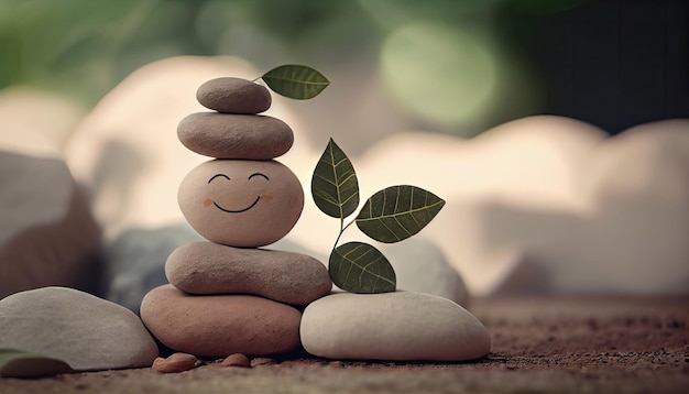 Foto life harmony and positive mind concept stack of stable pebble stone mit lächelndem gesicht und blatt
