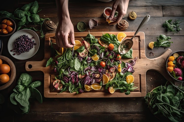 Lifestyle-Foto einer Person, die einen frischen Salat zubereitet. Achtsames Kochen und gesunde Zutaten