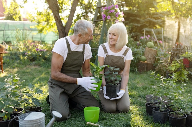 Lifestyle-Konzept Älteres Paar, das Pflanzen aus Töpfen im Garten umpflanzt und redet