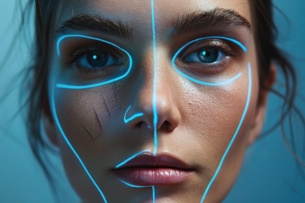 Lifting linhas azuis publicidade de correção do contorno facial lifting da pele facial feminina