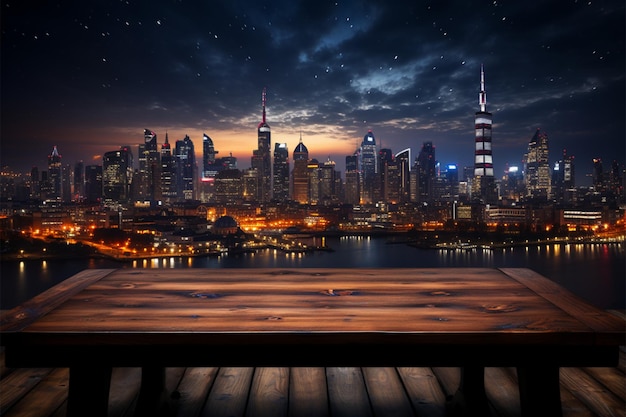 Ligação do horizonte Mesa de madeira no meio das luzes da cidade sob o céu nocturno borrado