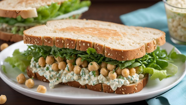 Un ligero y refrescante sándwich de ensalada de garbanzos con lechuga fresca y crujiente y un toque picante.