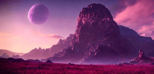 Lila außerirdische Landschaft mit einem Planeten am Himmel im 3D-Renderstil