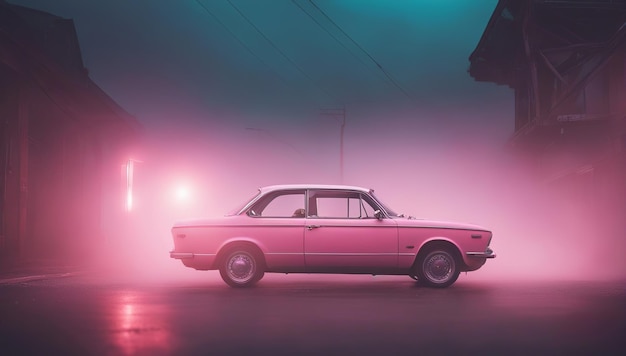 Lila Auto im Nebel 3D-Render Abstrakter Hintergrund generiert von KI