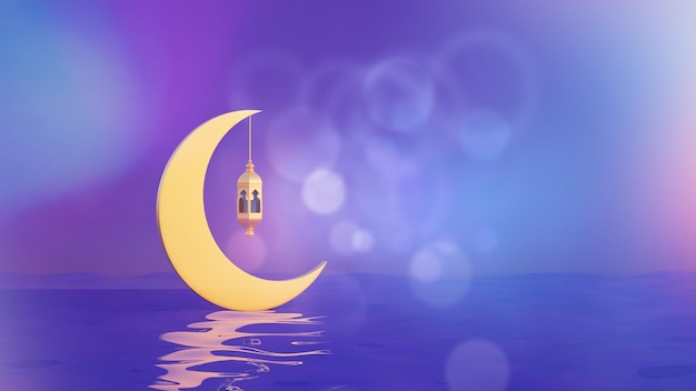 Lila Banner mit Mond und Laterne für muslimische Feiertage und Ramadan 3D-Rendering