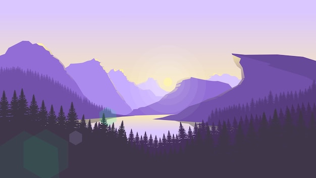 Lila Berglandschaft Tapeten in einem minimalistischen flachen Design-Stil