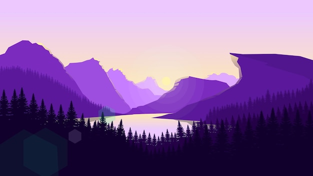 Lila Berglandschaft Tapeten in einem minimalistischen flachen Design-Stil