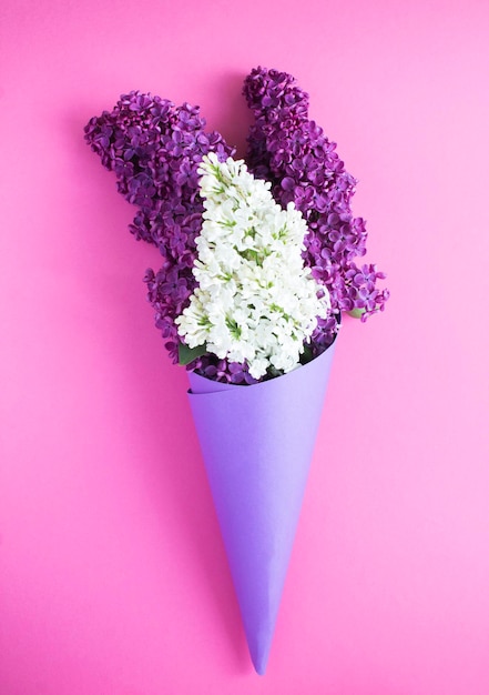 Lila blanca y púrpura en un cono de papel púrpura sobre fondo rosa Primer plano Ubicación vertical