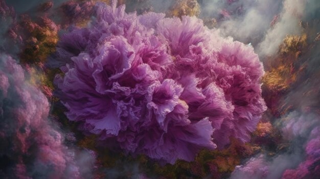 Lila Blüten in einer Rauchwolke und generativer Rauch